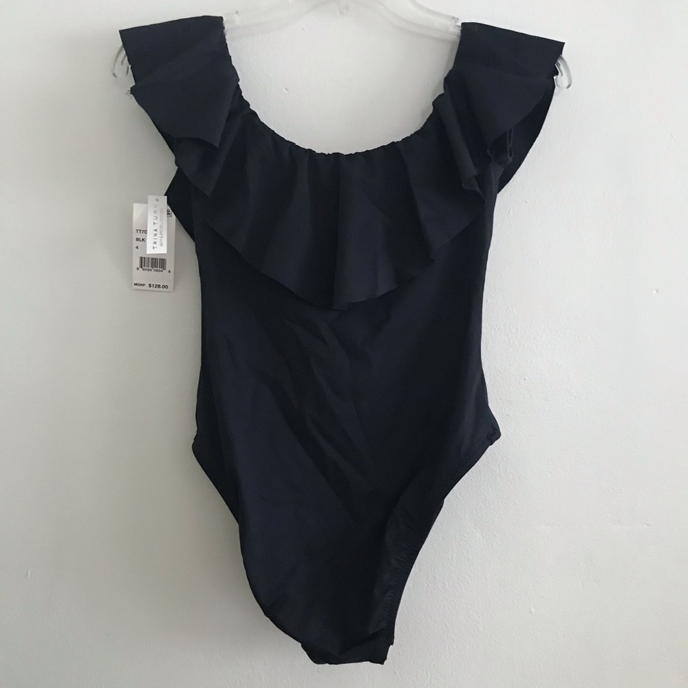 Trina Turk black off-the-shoulder swimsuit